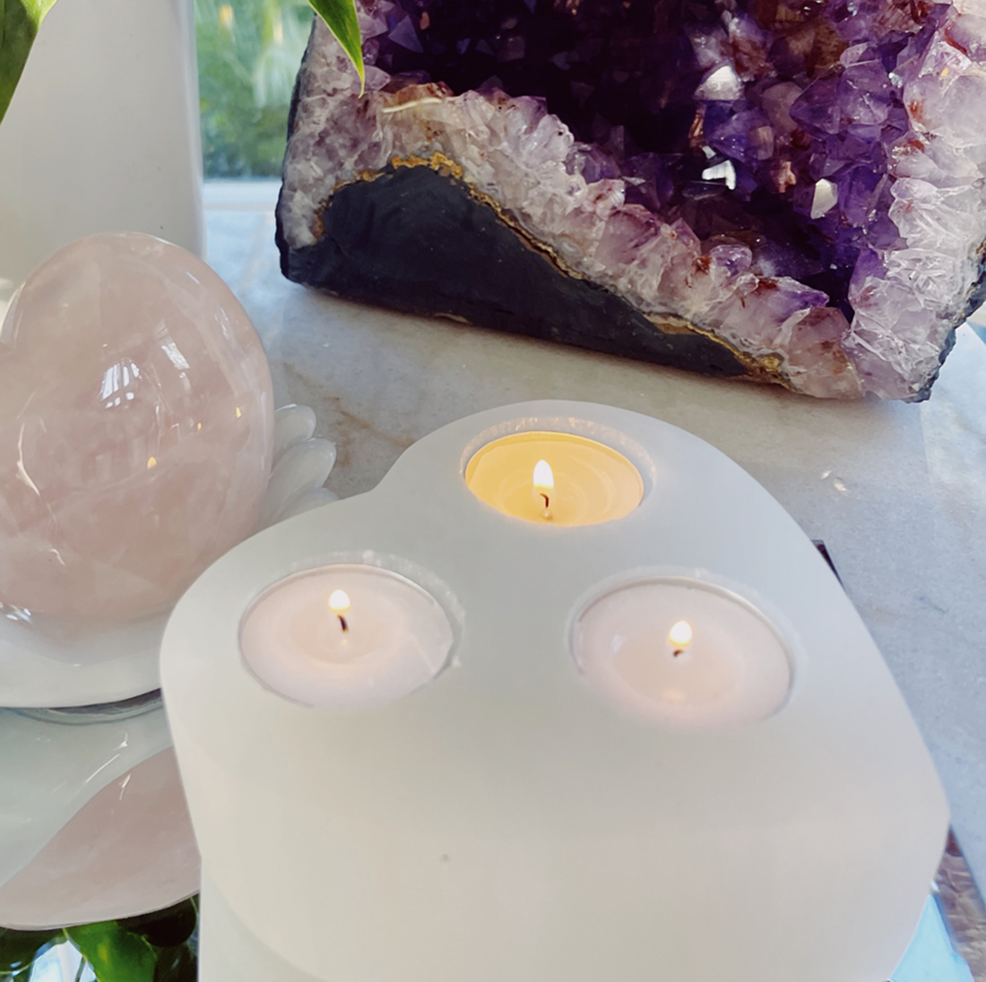 SHCH001 Selenite Heart 3 Hole Candle Holder